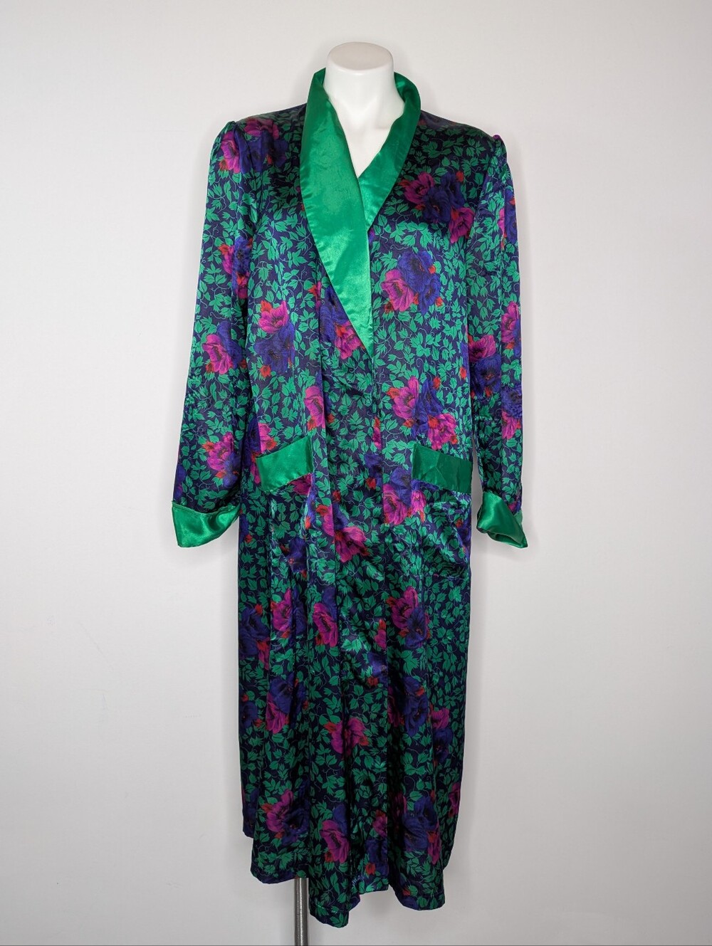 Vintage Kathryn Green Pink Floral Satin Long Sleeve Robe L